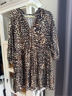 Caralyn Mirand The Drop Leopard Print A-Line Knee Dress, V-Neck, Long Sleeve, Lg